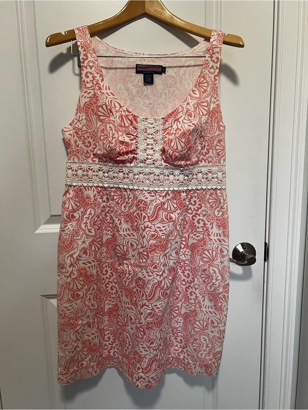 Vineyard Vines Coral Pink Sea Life Print Dress Crochet Lace Size 10